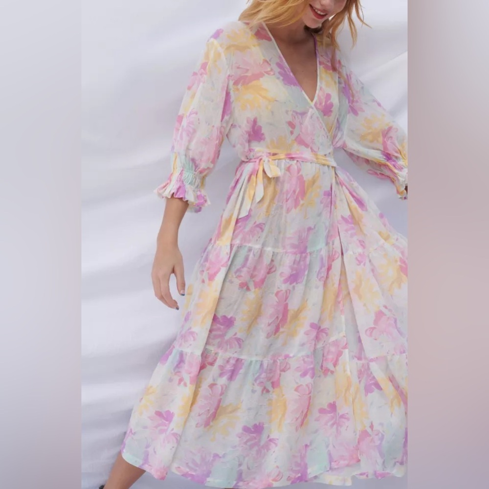 Urban Outfitters UO Donatella Crinkle Tiered Ruffle Wrap Dress